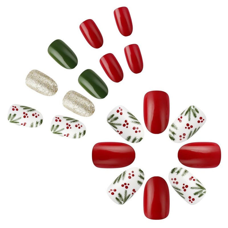 HJKDSFD Winter Press on Nails Short Christmas Fake Nails Red Green Oval Glue on Christmas Fruit False With Glitter Designs Glossy Acrylic Xmas Cute Glue Stick for Women 24Pcs - Image 3